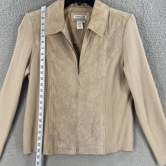 Coldwater Creek Jacket Womens Large Tan Suede Leather Knit Sleeves Full Zip - Picture 2 of 9